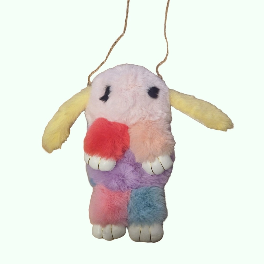 Multicolor Plush Bunny Rabbit Crossbody Bag‎ Faux Fur Kawaii Patchwork Purse
